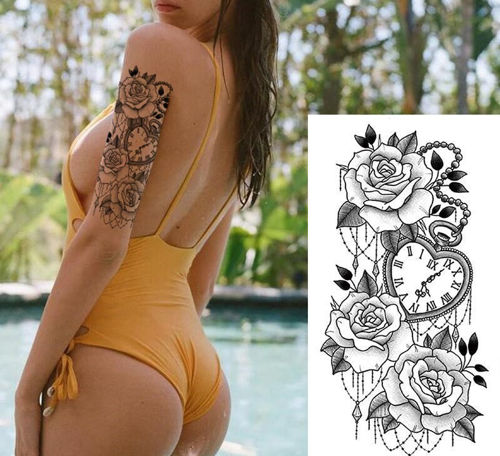 tatouage temporaire de 3 roses et pendule