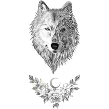 Tatouage éphémère tête de loup et fleurs