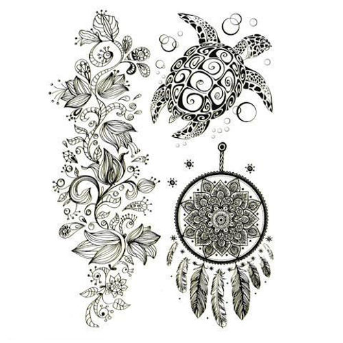 tatouage éphémère tortue et attrape-rêves
