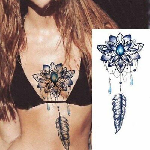 Tatouage éphémère Fleur de Lotus Bleu et Plume femme