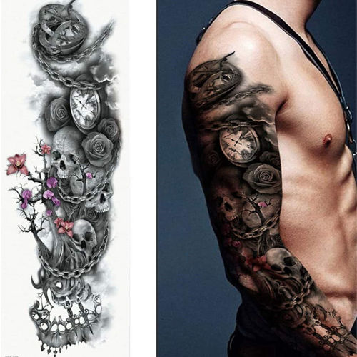 Tatouage éphémère manchette tête de mort et horloge