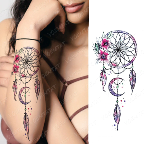 tatouage éphémère bras attrape rêve rose