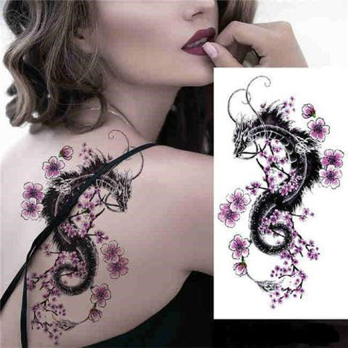 Tatouage éphémère dragon fleur rose