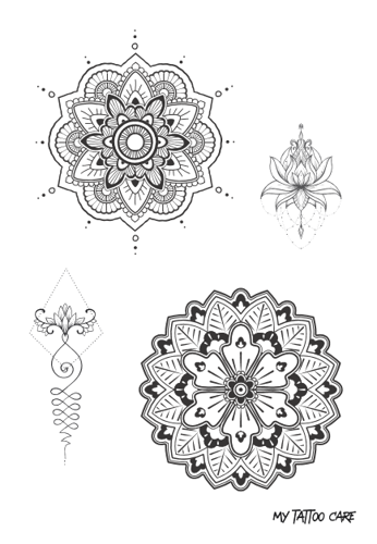 Tatouage éphémère mandalas, lotus et unalome