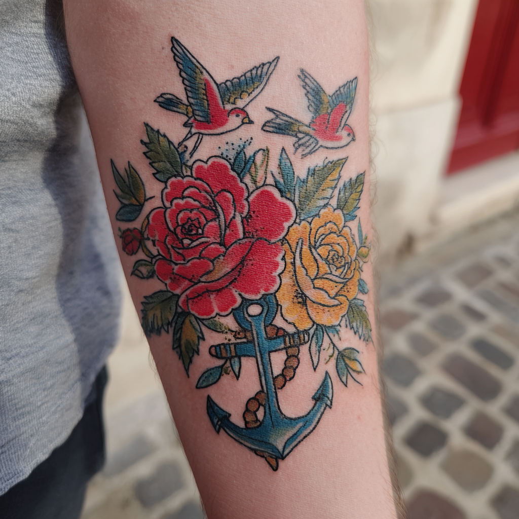 avant bras homme tatoué old school